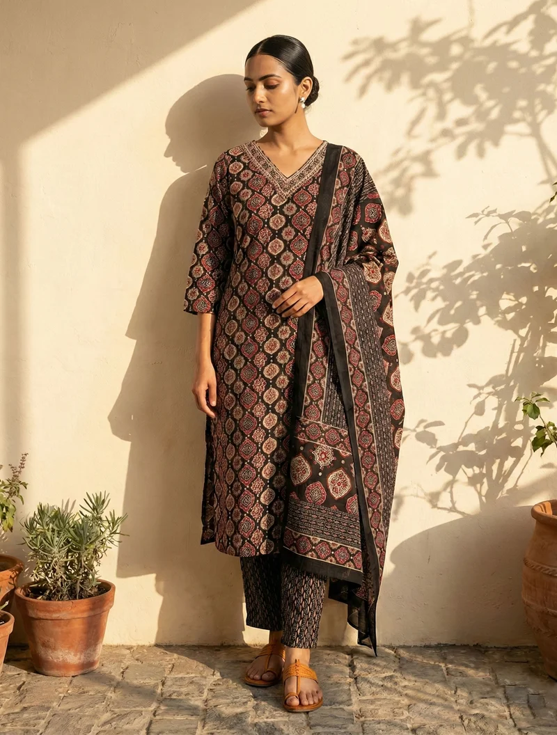 ترو برونز trueBrowns Black Print Embroidered V-Neck Kurta Pant Dupatta Set